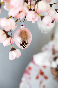 Easter table with cute pink decorations, flowers, catkins and eggs thumbnail