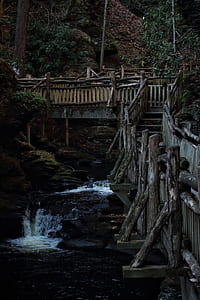 brown wooden bridge above river near green trees landscape photography thumbnail