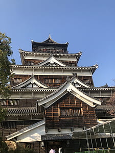 worm's-eye view of brown wooden temple under blue sky thumbnail