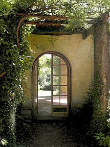 arch white wooden multi-lite door near green vine plants at daytime thumbnail