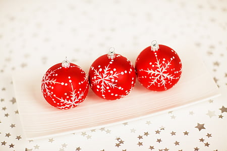 three round red-and-gray Christmas baubles thumbnail