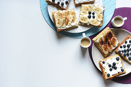 Banana and bluberries waffles with coffee espresso thumbnail