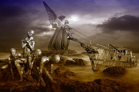 gray boat beside angel under cloudy sky thumbnail