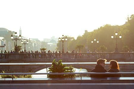 Man and Woman Sitting on Bench Under Blue Sky thumbnail