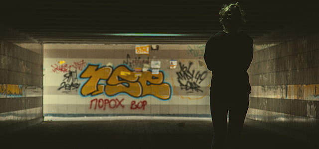 silhouette photo of woman standing in tunnel thumbnail