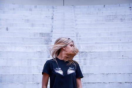 Woman Wearing Black Graphic Printed Crew-neck T-shirt thumbnail