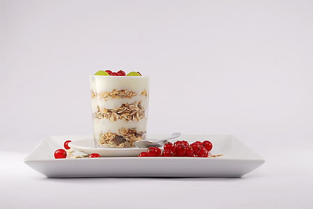 desert in clear glass and square white ceramic plate thumbnail