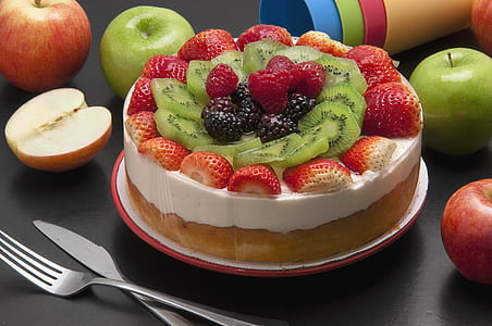 strawberry cake on table near fruits thumbnail