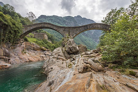 bridge in between trees under white clouds and blue sky thumbnail