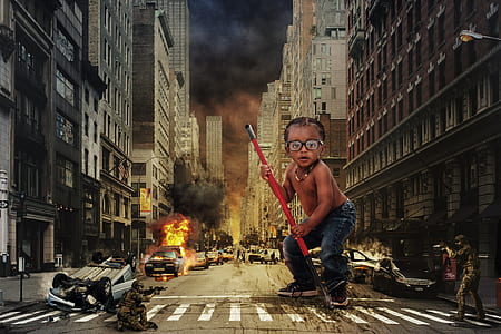 edited photo of boy wearing blue denim jeans between concrete buildings near soldiers thumbnail