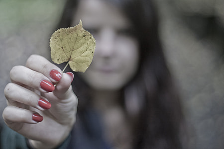 selective focus of woman holding yellow leaf thumbnail