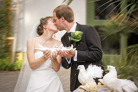 newly wedding couple kissing outdoors thumbnail