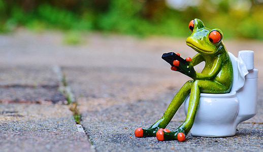 ceramic green frog sitting on toilet bowl figurine thumbnail