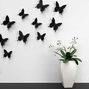 black butterfly decor lot on white wall beside white petaled flower in bloom thumbnail