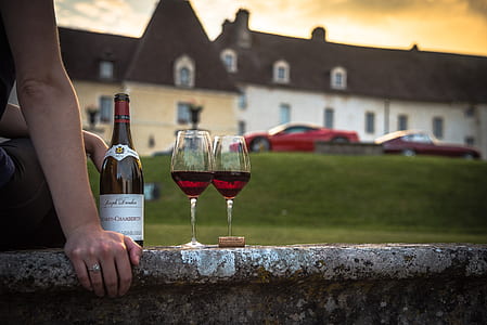 selective focus photography of person sitting beside wine bottle and two glasses thumbnail
