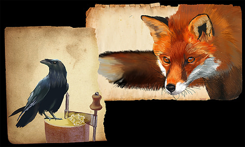 cut-out photo of red fox and crow thumbnail