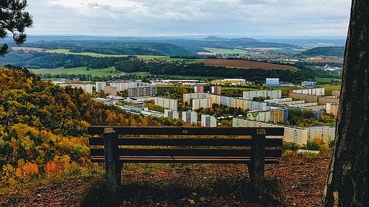 bench, city, buildings, hill thumbnail
