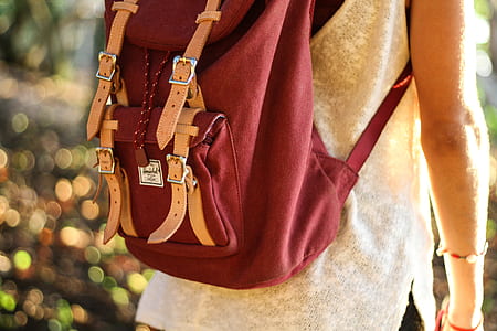 person wearing red and brown backpack thumbnail