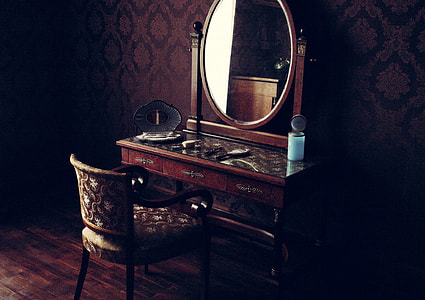brown wooden vanity table with mirror and chair thumbnail