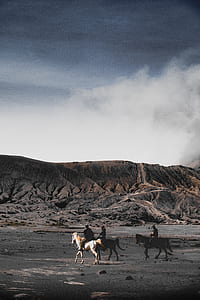 three people riding horses near gray mountain thumbnail