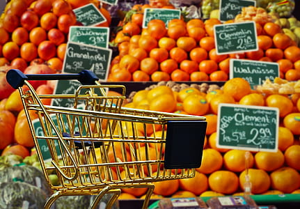 gray shopping cart beside orange fruit thumbnail