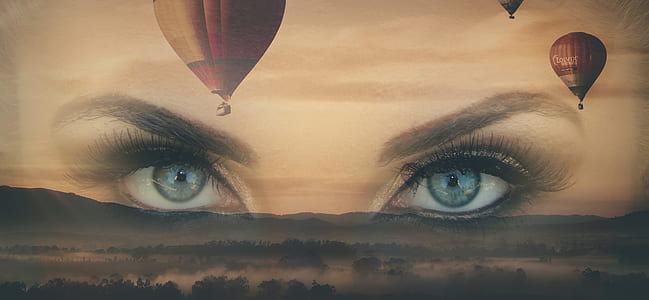 hot air balloons on air with woman's profile background wallpaper thumbnail
