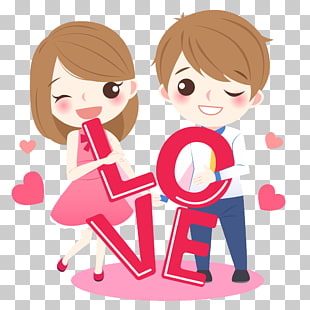Cartoon Love Drawing, Lovely couple, brown haired boy and girl illustration PNG clipart