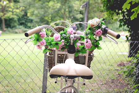 bicycle with basket of pink petaled flowers thumbnail