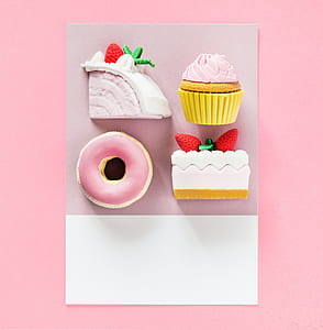 four desserts on pink panel thumbnail