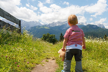boy in red plaid shirt holding bear plush toy thumbnail
