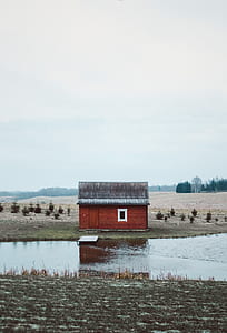 house near body of water surround by field thumbnail