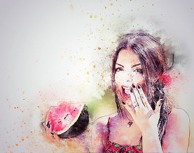 woman holding sliced of red and green watermelon painting thumbnail