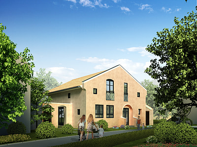 two women and child walking beside brown 2-storey house thumbnail
