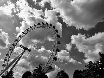 black-and-white, clouds, amusement park, ferris wheel thumbnail
