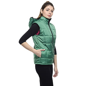 woman in green bubble jacket thumbnail