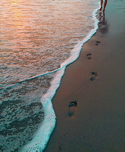person leaves footprint on shore during golden hour thumbnail