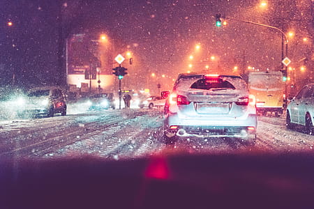 Driving in Evening Traffic Jam and Snow Calamity Weather thumbnail