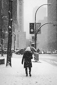 person in black coat holding umbrella while snowing thumbnail