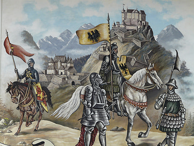 four assorted-armoured knights near castle painting thumbnail