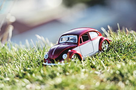 red and white Volkswagen Beetle coupe scale model on grass at daytime thumbnail