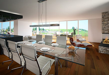 set of six chairs and rectangular clear glass table thumbnail