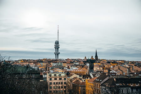 Zizkov tv tower, Prague from distance with old town in the foreground thumbnail