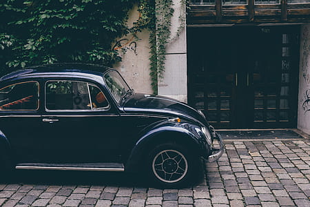 black Volkswagen beetle parked near white concrete wall thumbnail