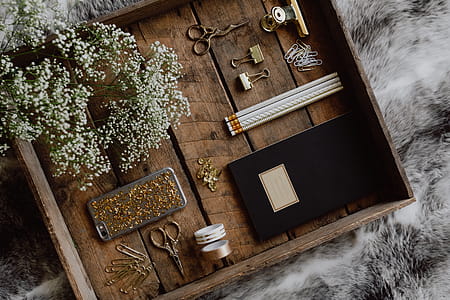 Office accessories on an old wooden tray thumbnail