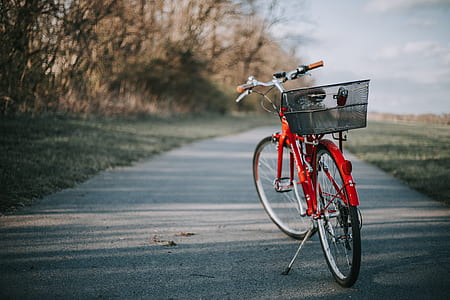 red bicycle on gray pavement thumbnail