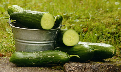 green cucumbers on gray stainless steel bucket thumbnail