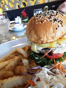 Cheese Burger on Sesame Seed Bun with fries and cole slaw thumbnail