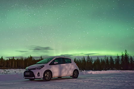 white 5-door hatchback on white snow near the green tree thumbnail