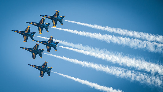 low angle photography of six jet planes in flight thumbnail