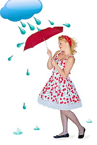 woman wearing white, red, and green sleeveless midi dress carrying umbrella thumbnail